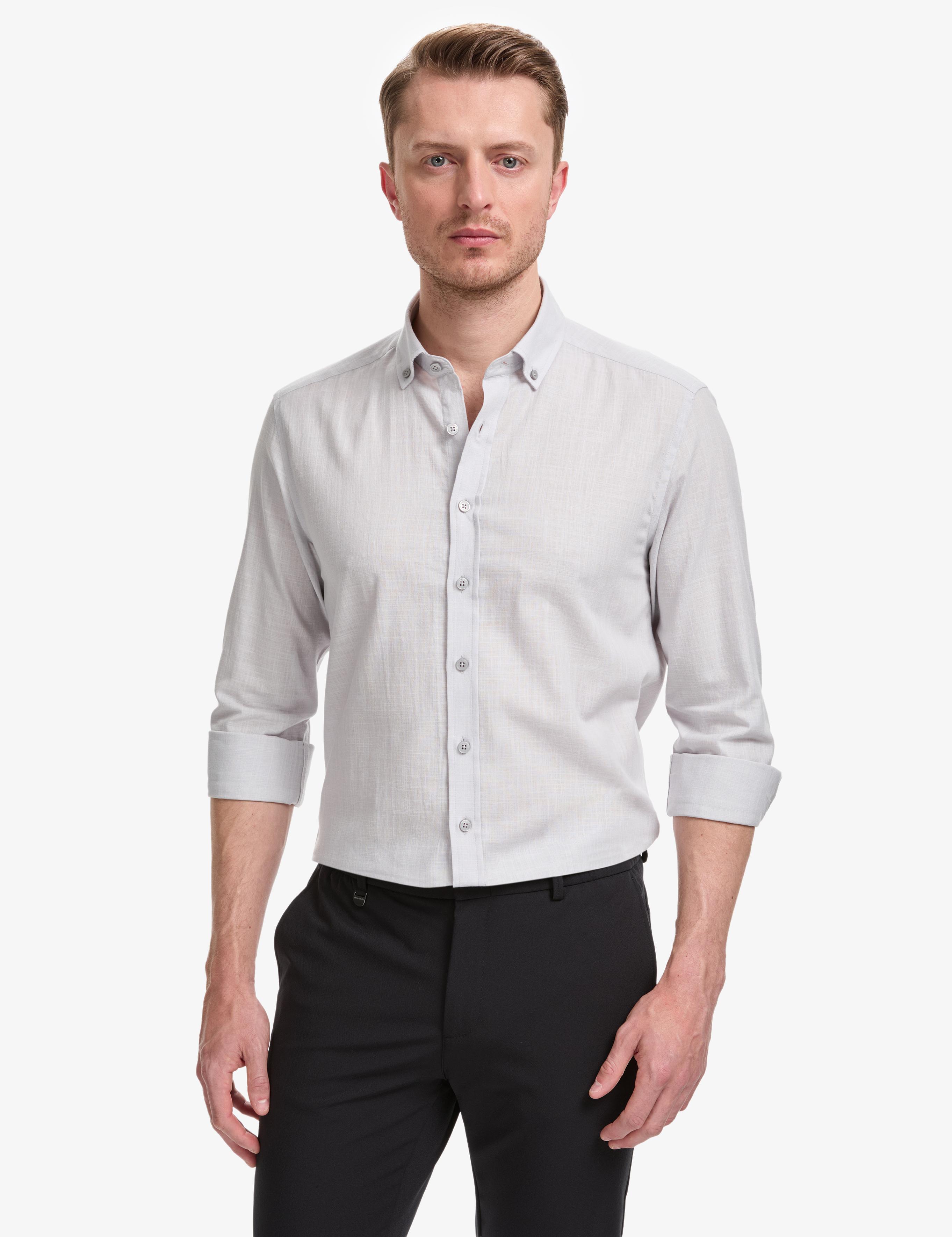 Açık Gri %100 Pamuk Keten Görünümlü Slim Fit Uzun Kollu Gömlek