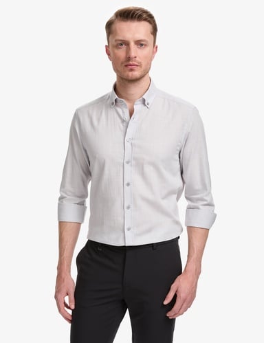 Açık Gri %100 Pamuk Keten Görünümlü Slim Fit Uzun Kollu Gömlek