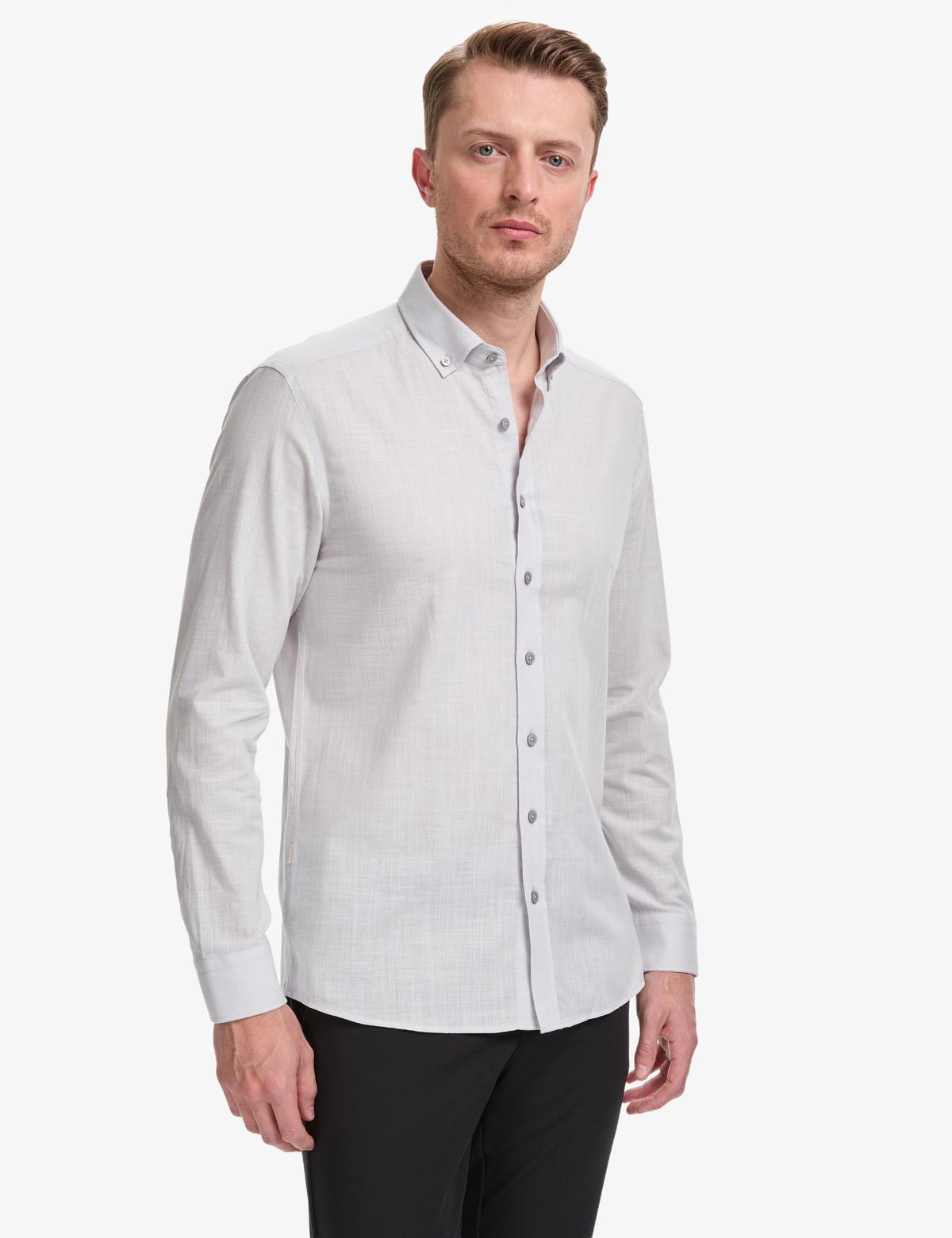 Açık Gri %100 Pamuk Keten Görünümlü Slim Fit Uzun Kollu Gömlek - 50325355023