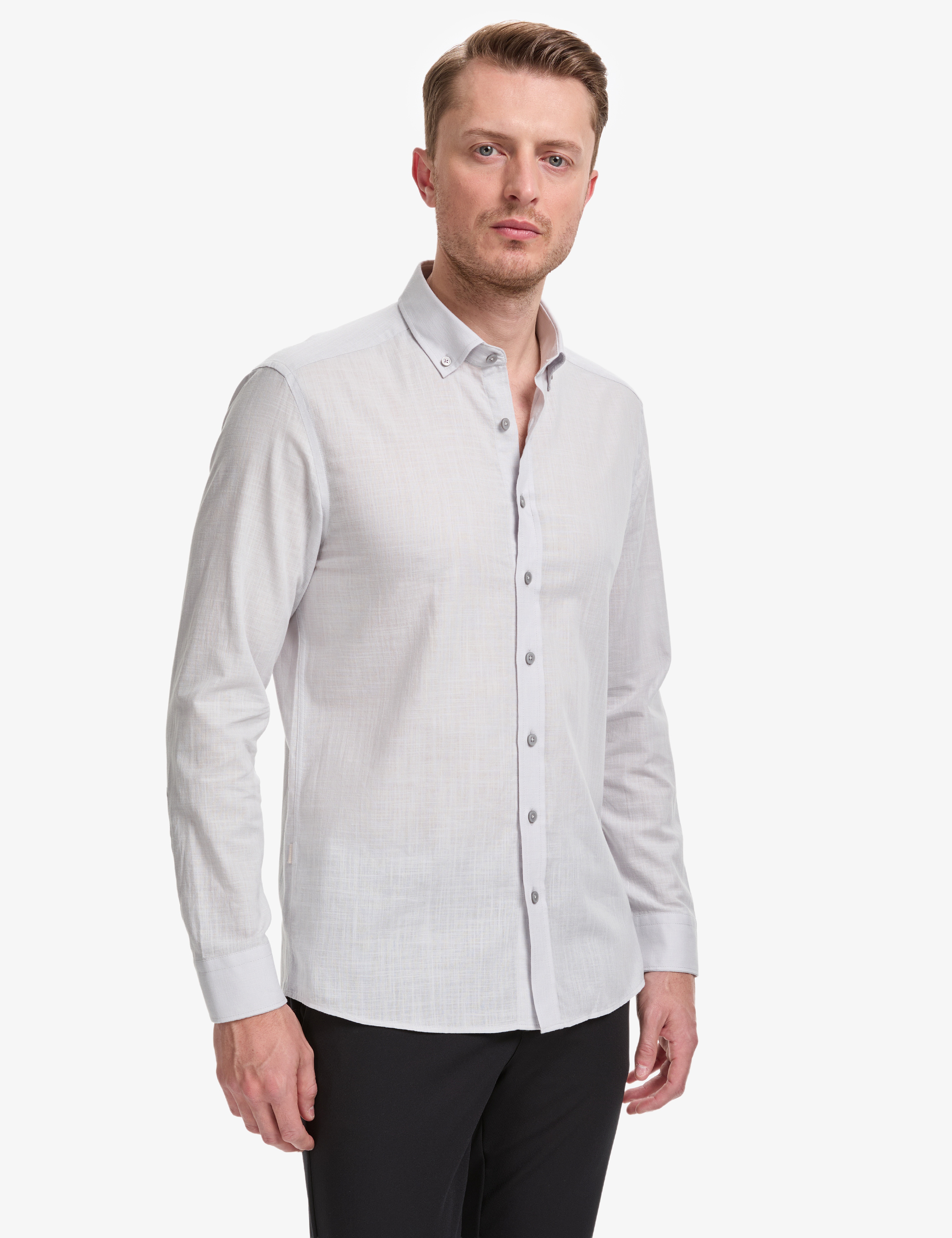 Açık Gri %100 Pamuk Keten Görünümlü Slim Fit Uzun Kollu Gömlek