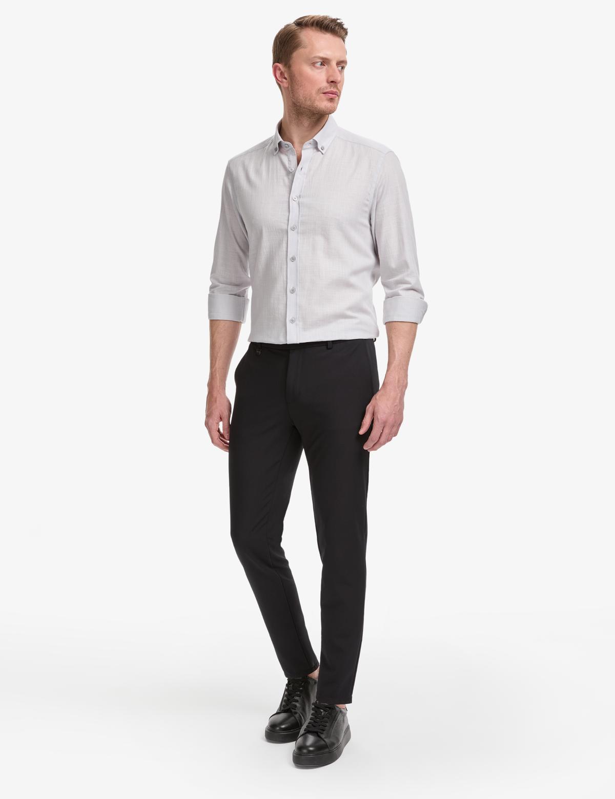 Açık Gri %100 Pamuk Keten Görünümlü Slim Fit Uzun Kollu Gömlek - 50325355023