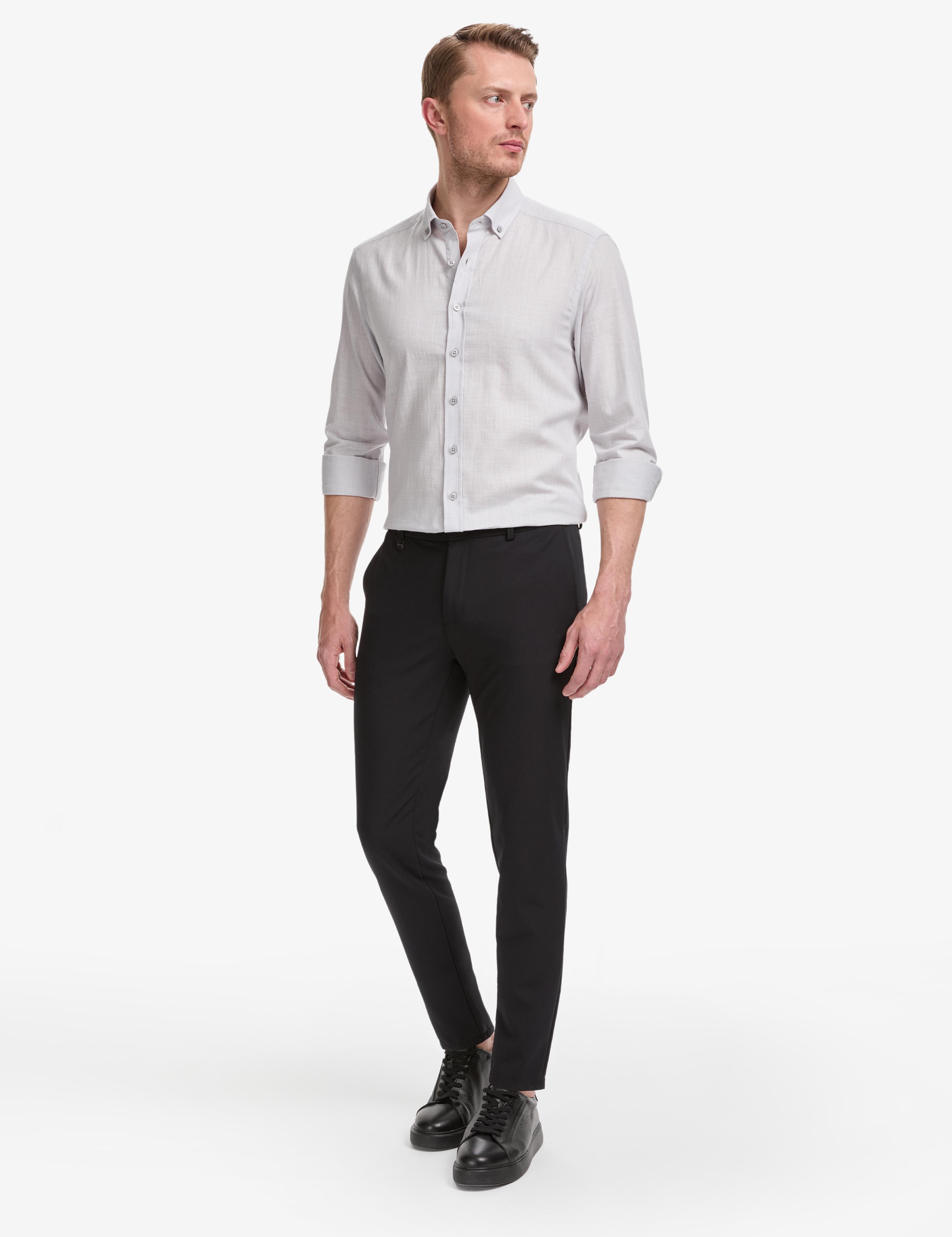 Açık Gri %100 Pamuk Keten Görünümlü Slim Fit Uzun Kollu Gömlek