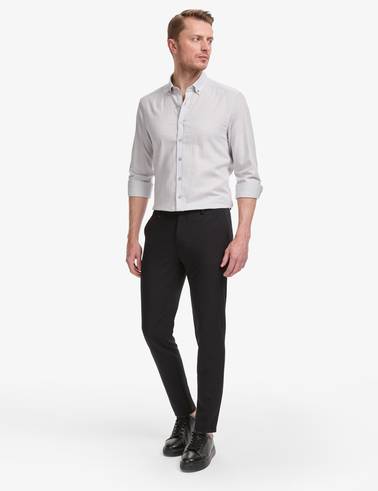 Açık Gri %100 Pamuk Keten Görünümlü Slim Fit Uzun Kollu Gömlek