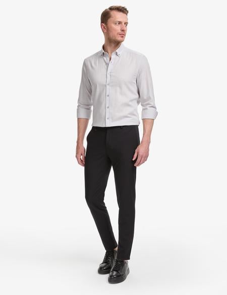 Açık Gri %100 Pamuk Keten Görünümlü Slim Fit Uzun Kollu Gömlek - 50325355023