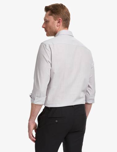 Açık Gri %100 Pamuk Keten Görünümlü Slim Fit Uzun Kollu Gömlek