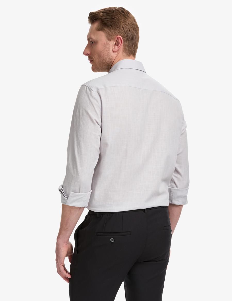 Açık Gri %100 Pamuk Keten Görünümlü Slim Fit Uzun Kollu Gömlek