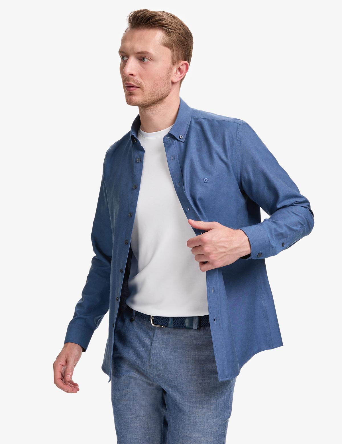 Lacivert Oxford Slim Fit Kolay Ütülenebilir Gömlek - 50325365025