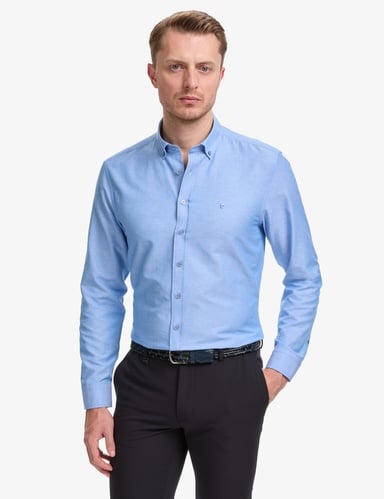 Mavi Oxford Slim Fit Kolay Ütülenebilir Gömlek