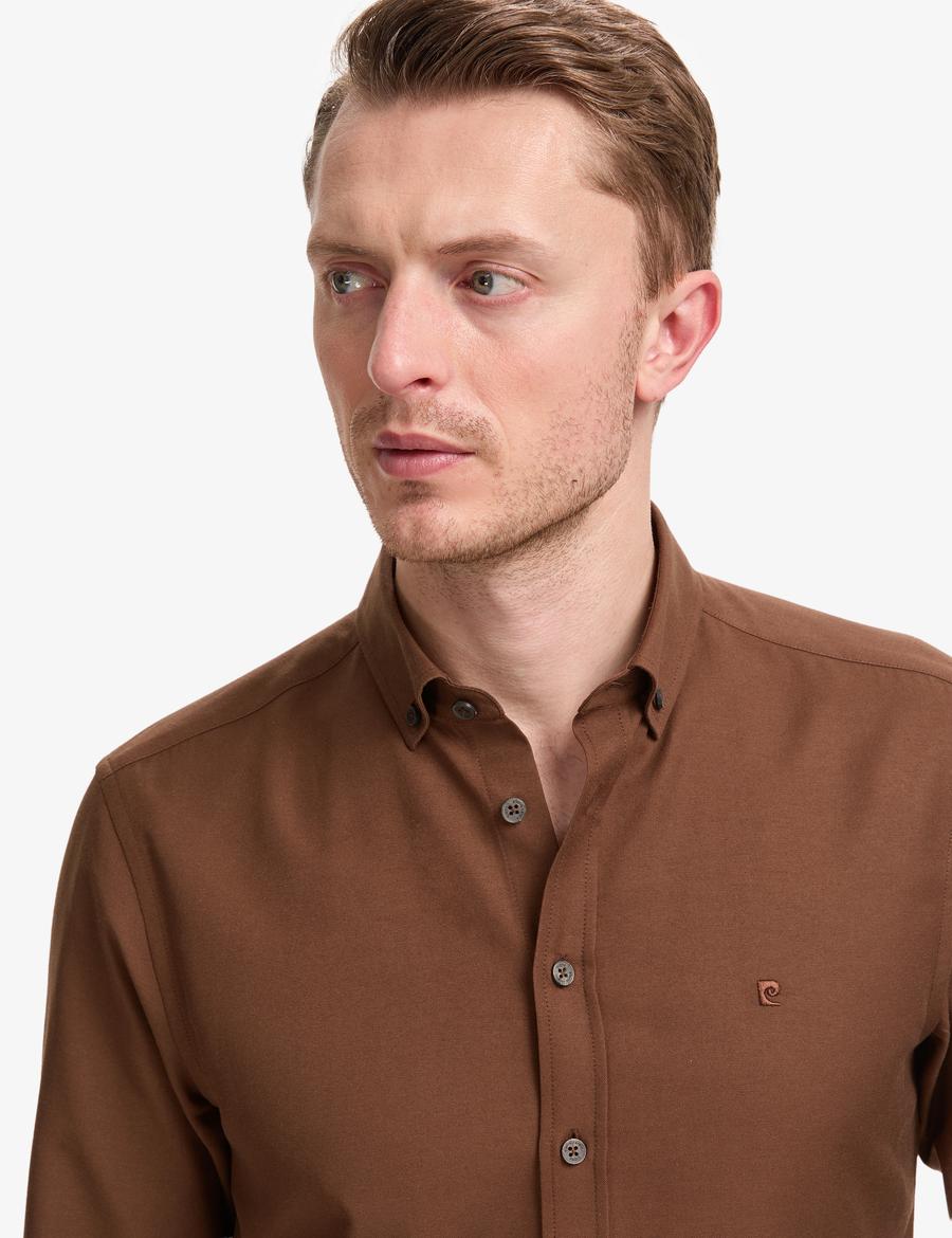 Koyu Kahverengi Oxford Slim Fit Kolay Ütülenebilir Gömlek