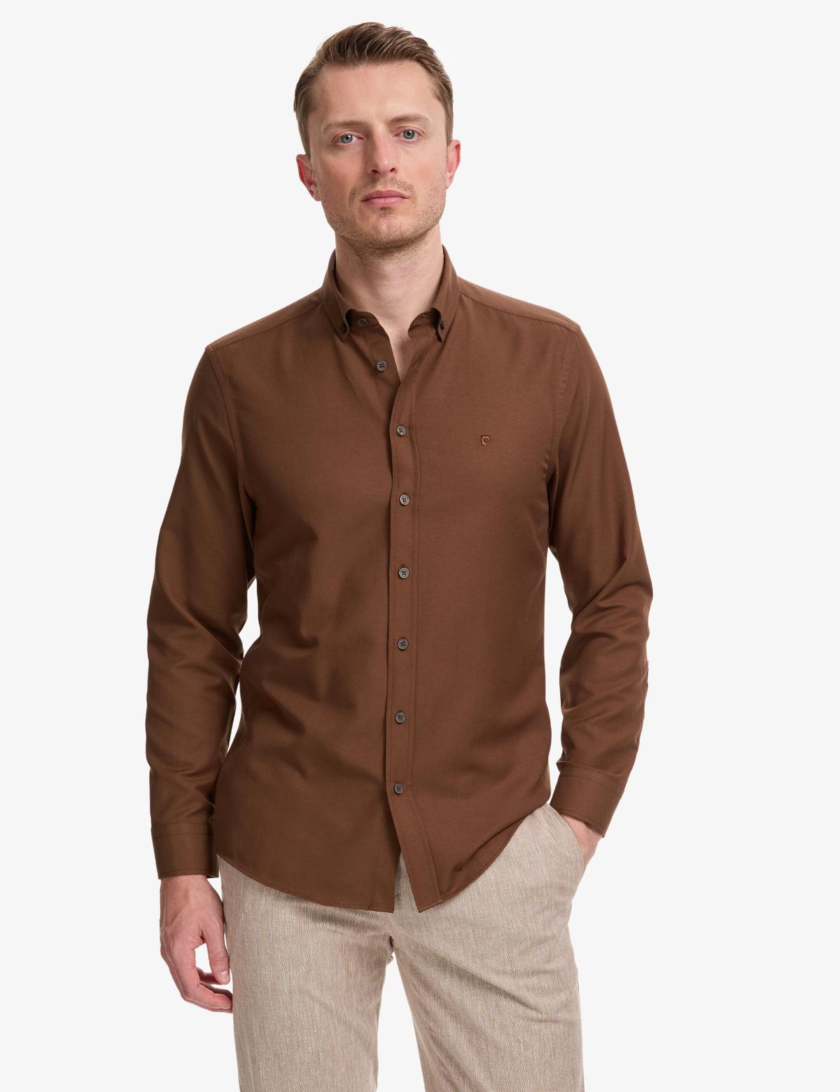Koyu Kahverengi Oxford Slim Fit Kolay Ütülenebilir Gömlek - 50325365089