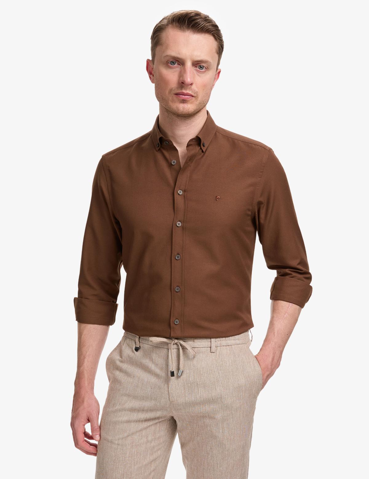 Koyu Kahverengi Oxford Slim Fit Kolay Ütülenebilir Gömlek