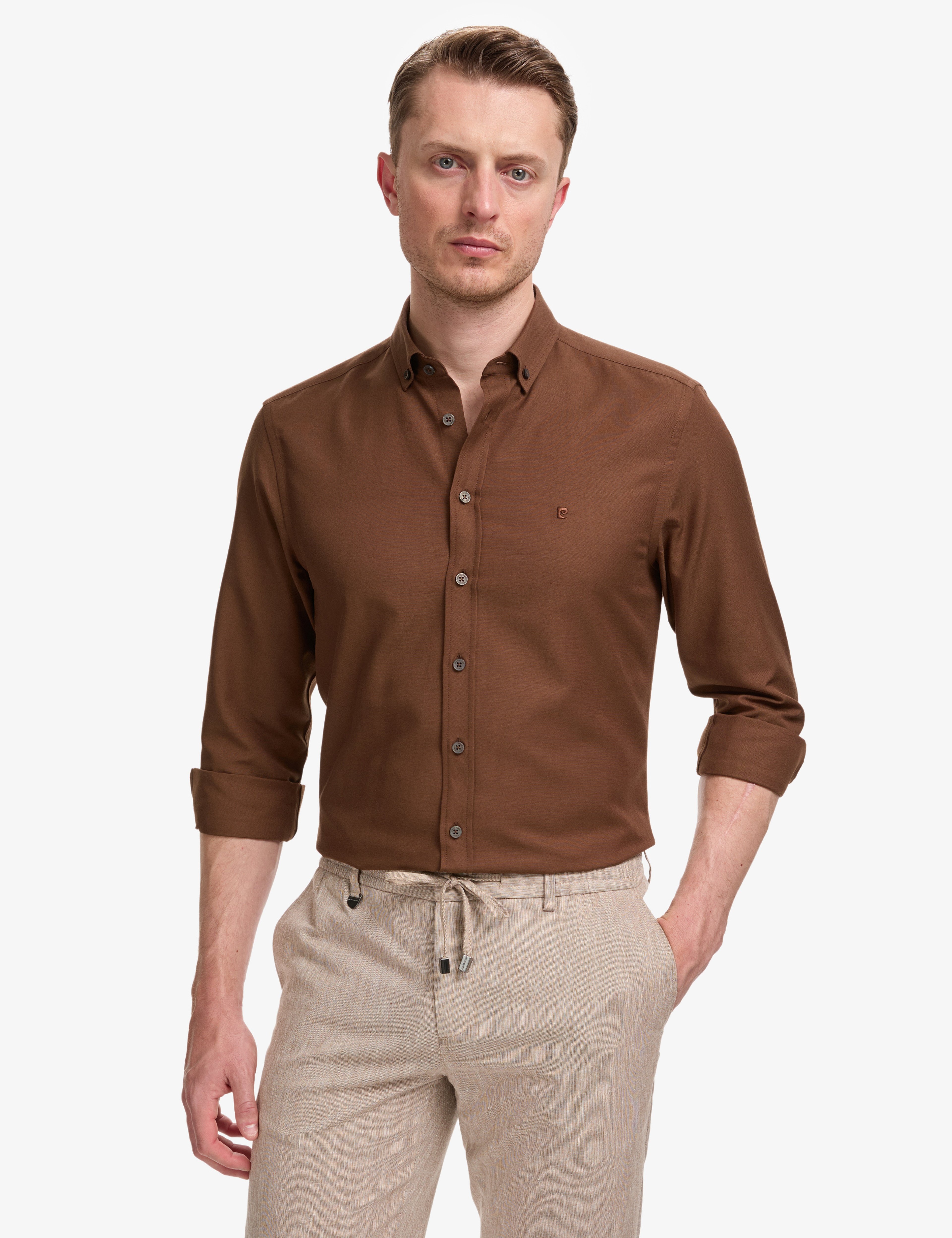 Koyu Kahverengi Oxford Slim Fit Kolay Ütülenebilir Gömlek - Image 1