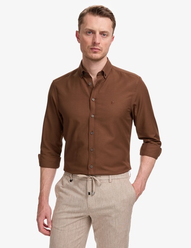 Koyu Kahverengi Oxford Slim Fit Kolay Ütülenebilir Gömlek