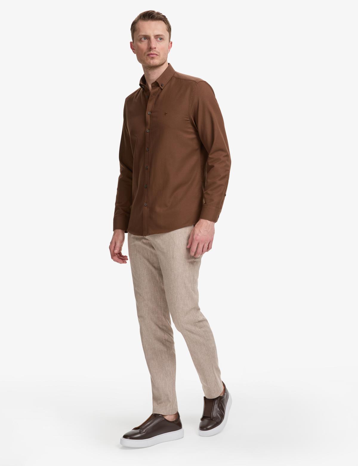 Koyu Kahverengi Oxford Slim Fit Kolay Ütülenebilir Gömlek - 50325365089