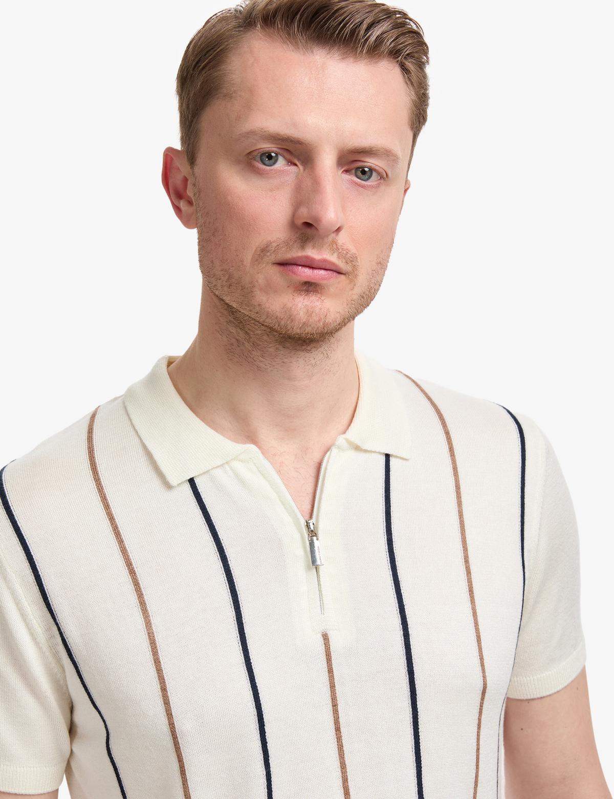 Ekru Slim Fit Polo Yaka Fermuarlı Triko Tişört - 50325075009