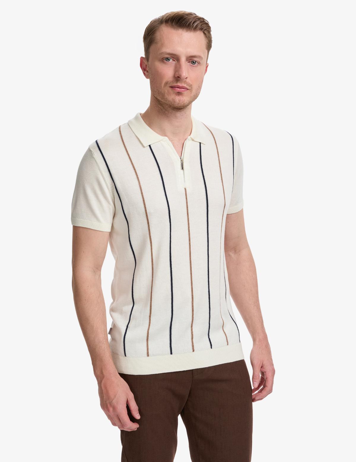 Ekru Slim Fit Polo Yaka Fermuarlı Triko Tişört - 50325075009