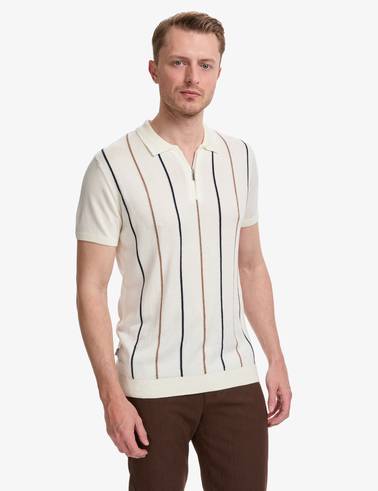 Ekru Slim Fit Polo Yaka Fermuarlı Triko Tişört