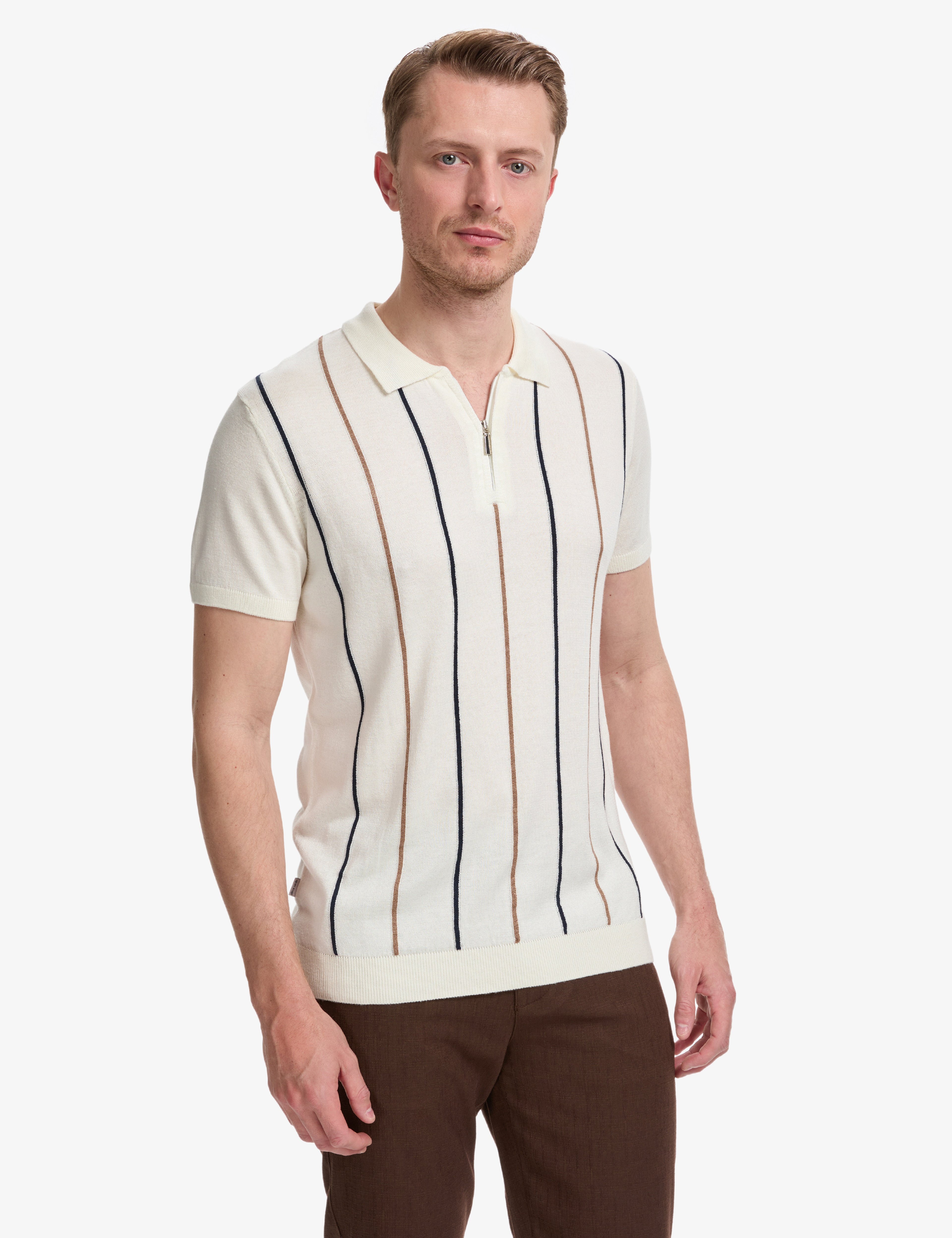 Ekru Slim Fit Polo Yaka Fermuarlı Triko Tişört