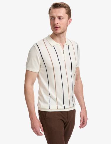Ekru Slim Fit Polo Yaka Fermuarlı Triko Tişört