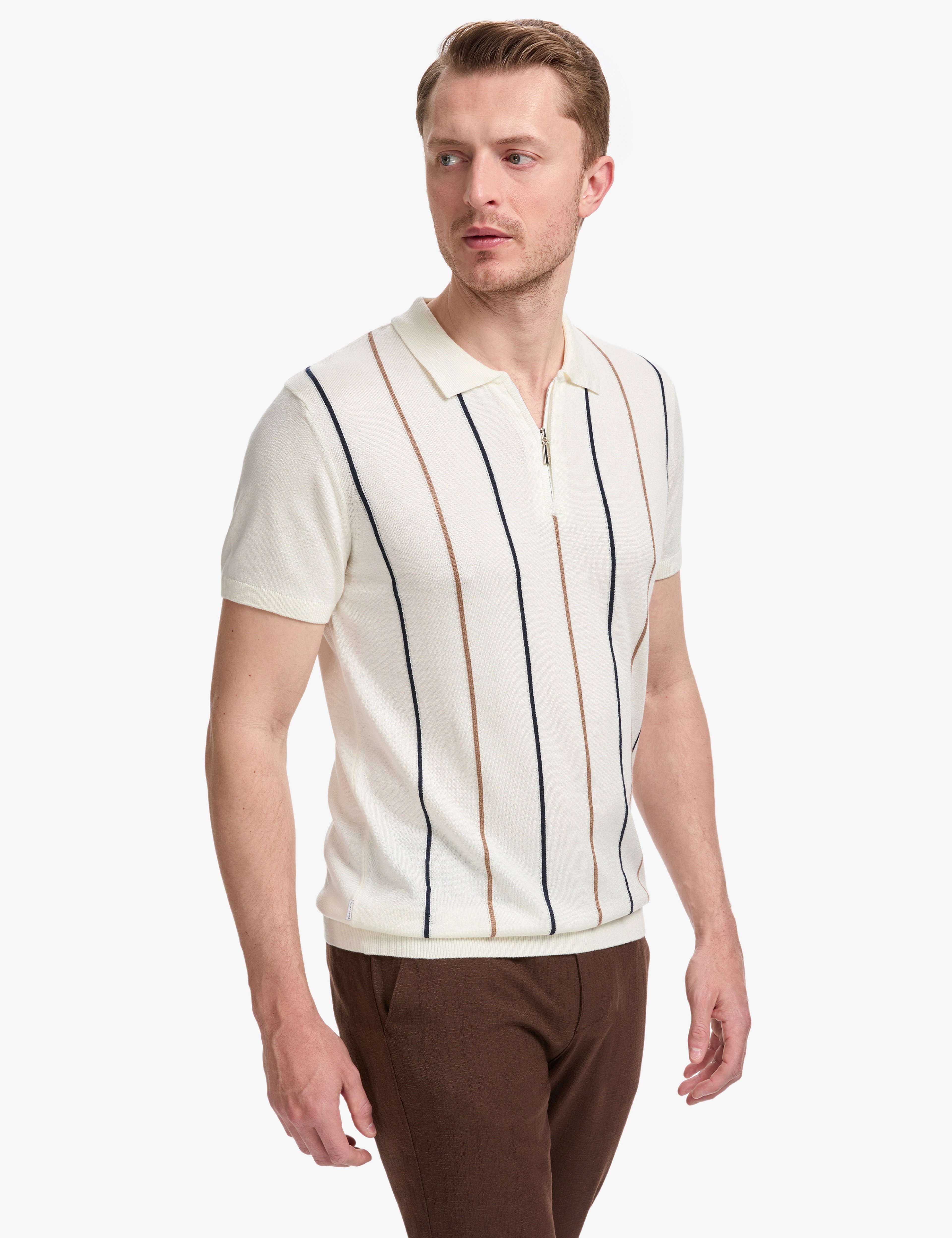 Ekru Slim Fit Polo Yaka Fermuarlı Triko Tişört