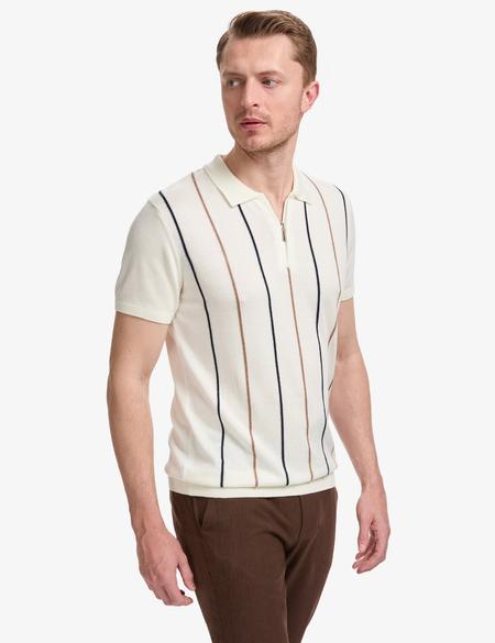 Ekru Slim Fit Polo Yaka Fermuarlı Triko Tişört - 50325075009