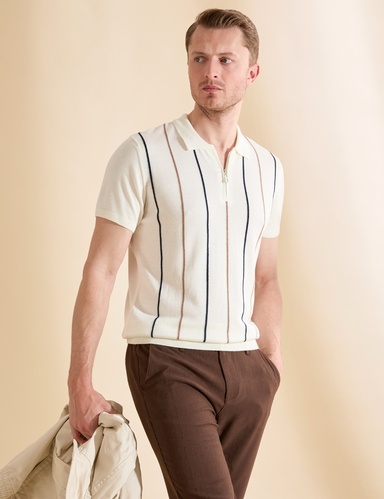 Ekru Slim Fit Polo Yaka Fermuarlı Triko Tişört