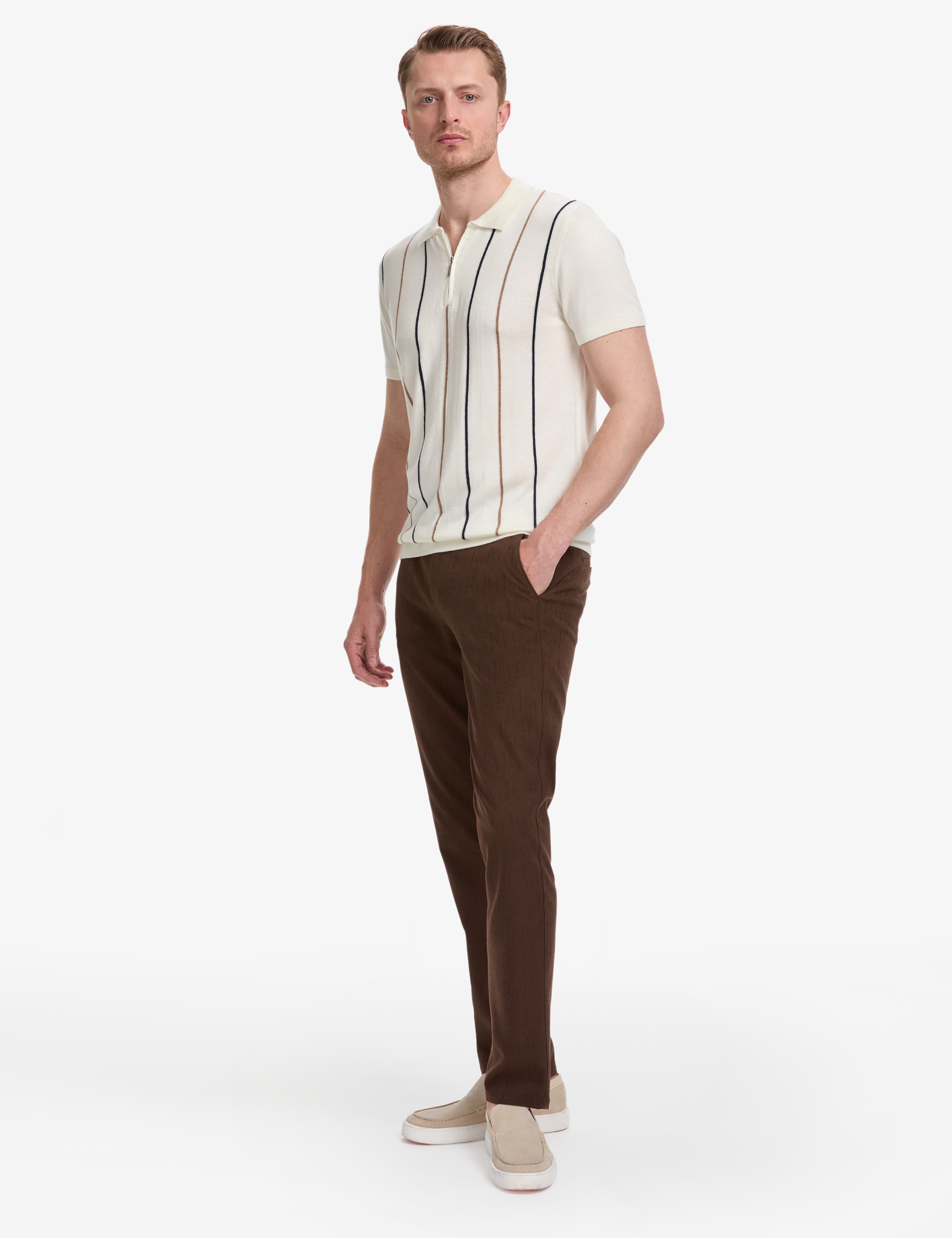 Ekru Slim Fit Polo Yaka Fermuarlı Triko Tişört - Image 5