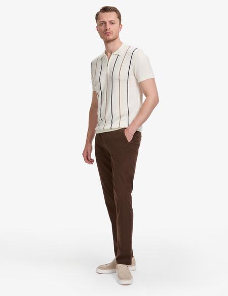Ekru Slim Fit Polo Yaka Fermuarlı Triko Tişört - 50325075009