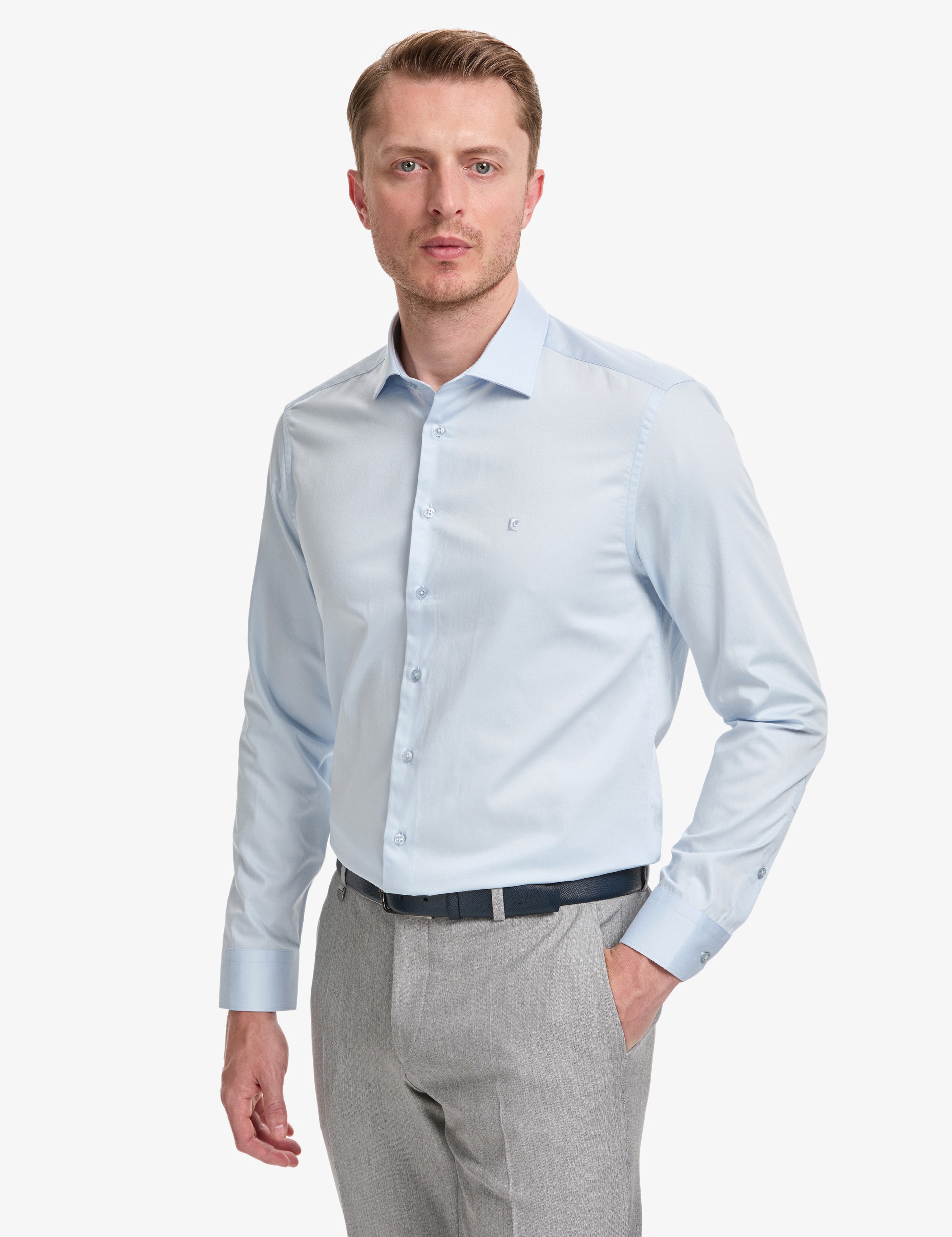 Açık Mavi İtalyan Yaka Slim Fit Basic Gömlek - Image 3