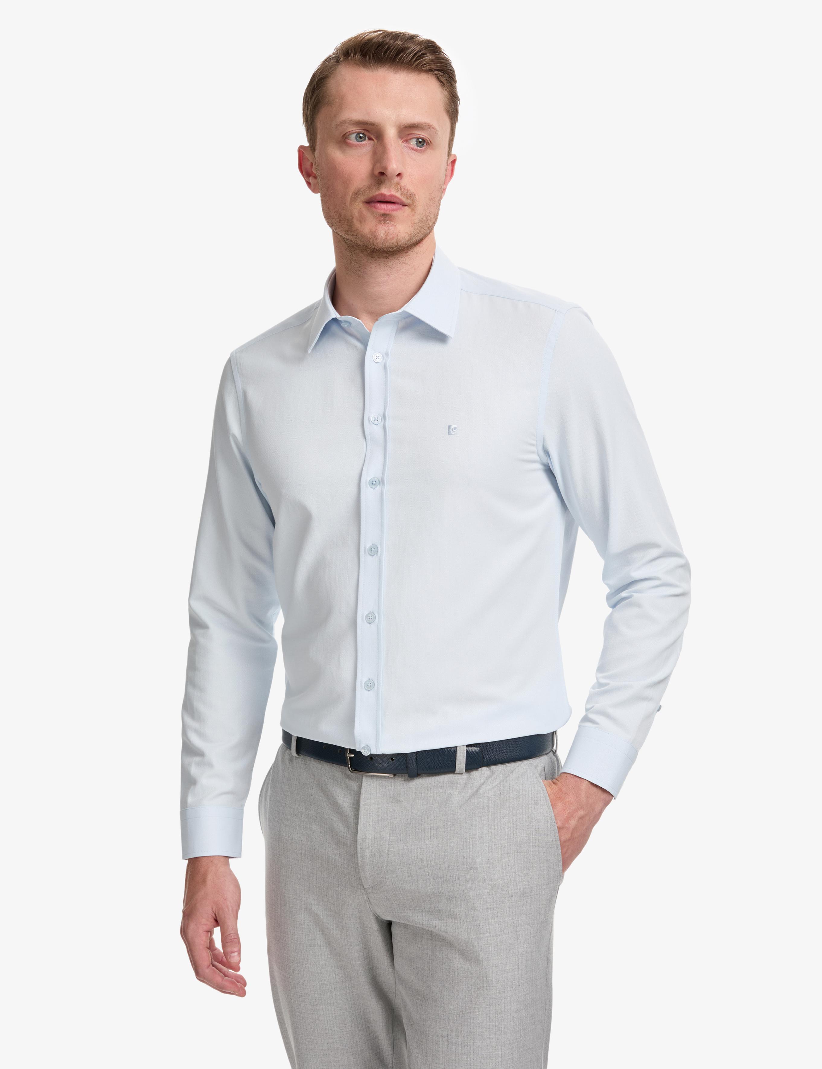 Açık Mavi Slim Fit Armürlü Uzun Kollu Gömlek
