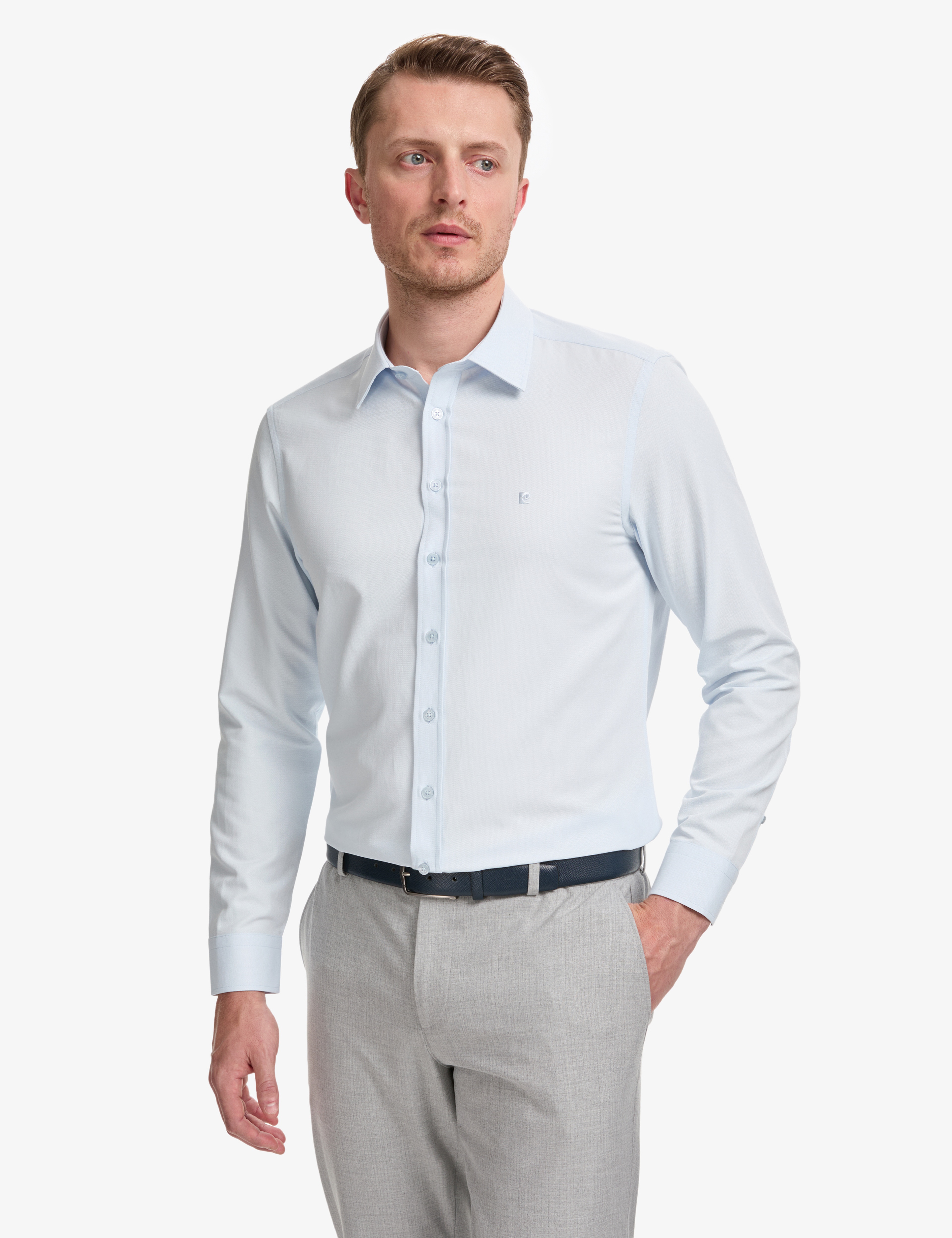 Açık Mavi Slim Fit Armürlü Uzun Kollu Gömlek - Image 3