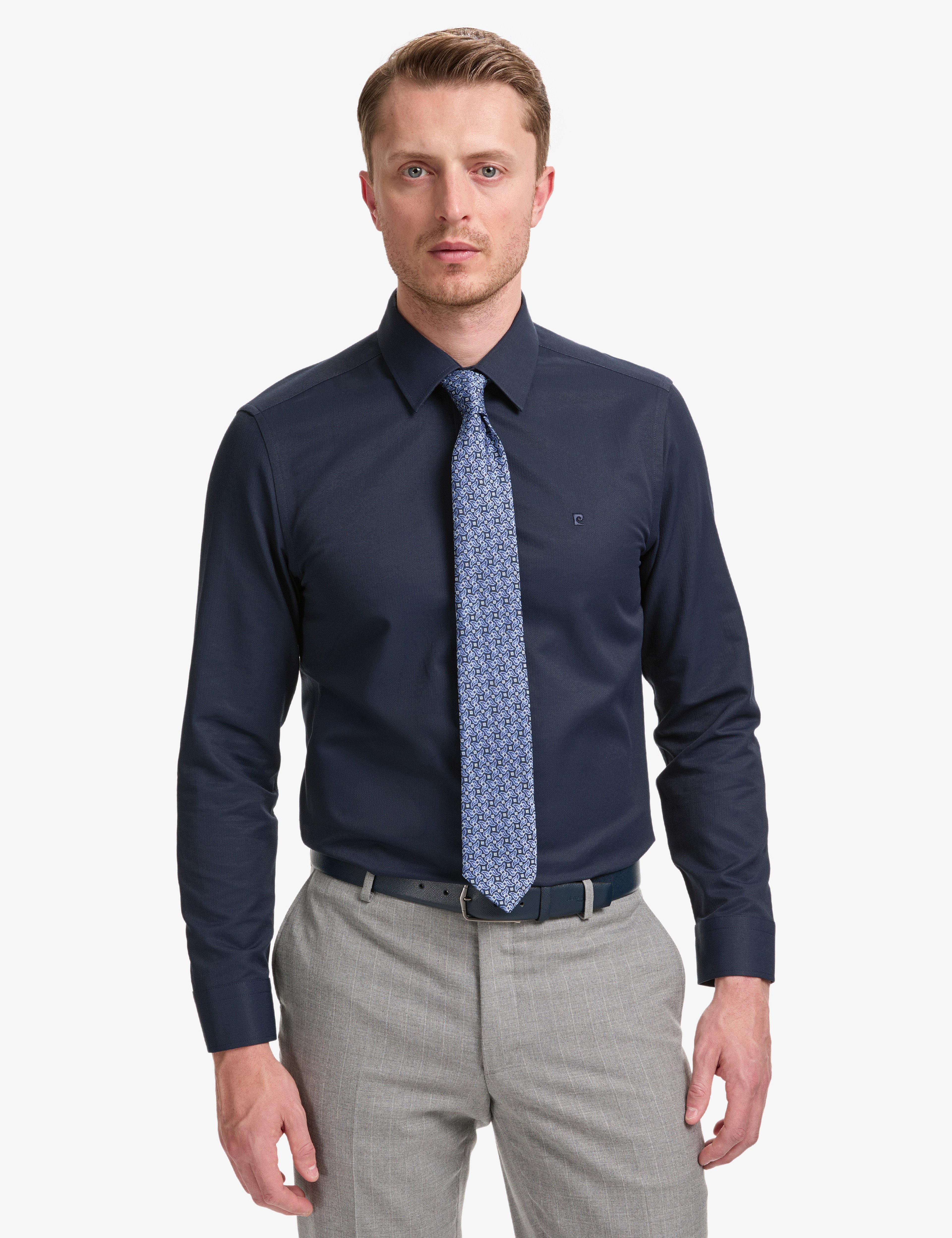 Lacivert Slim Fit Armürlü Uzun Kollu Gömlek - Image 1