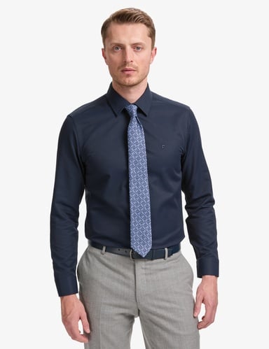 Lacivert Slim Fit Armürlü Uzun Kollu Gömlek