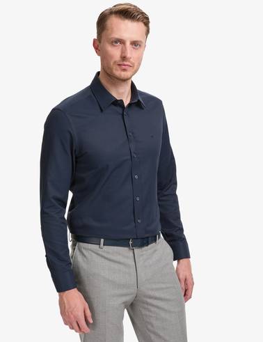 Lacivert Slim Fit Armürlü Uzun Kollu Gömlek
