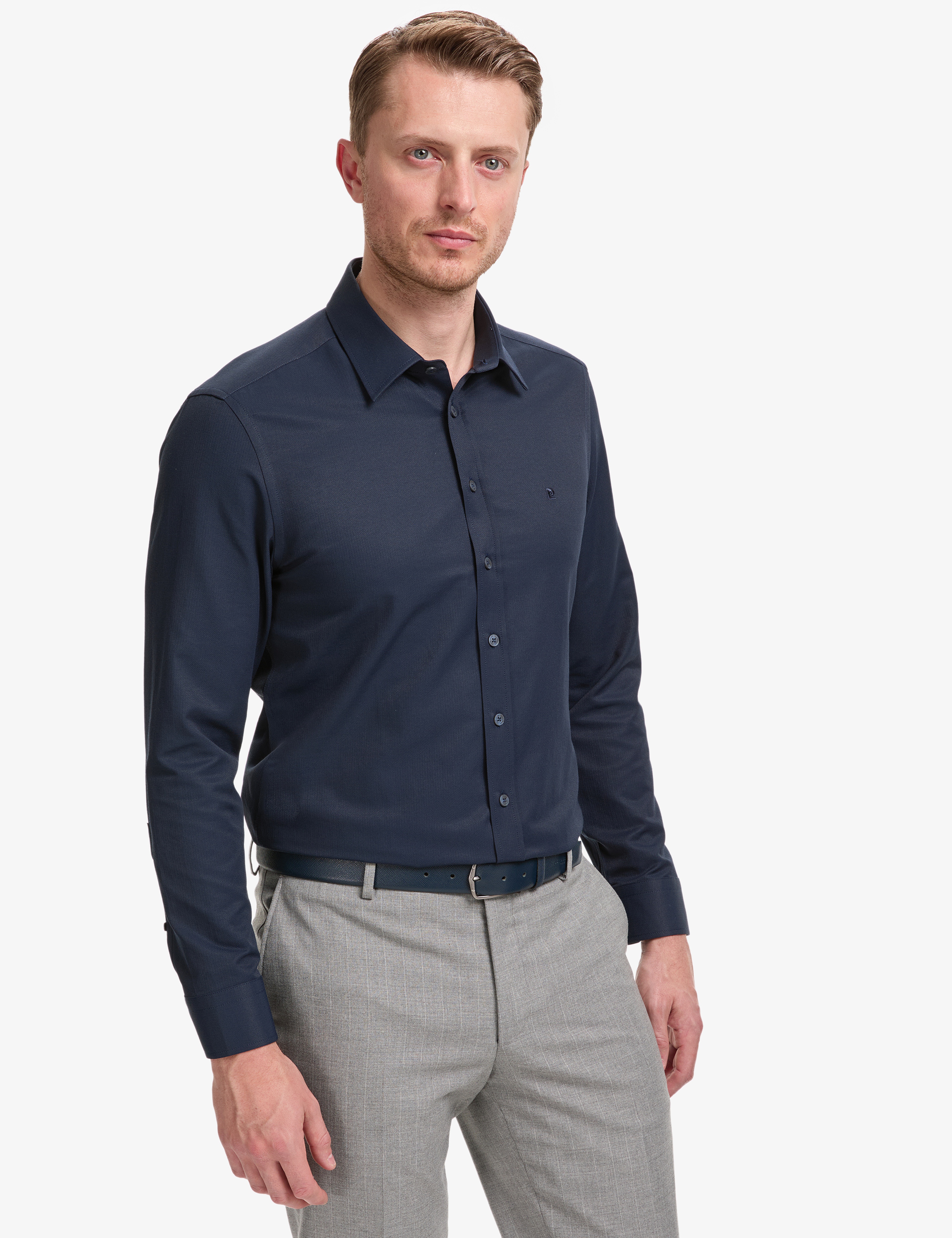 Lacivert Slim Fit Armürlü Uzun Kollu Gömlek