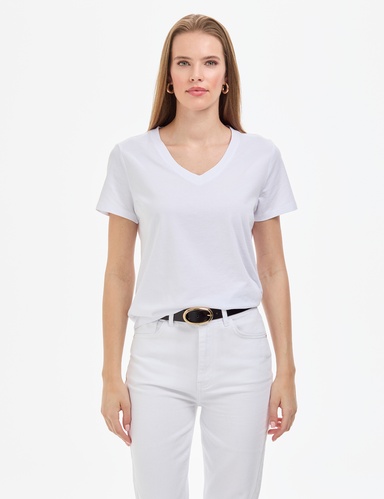 Beyaz Regular Fit V Yaka Basic Tişört