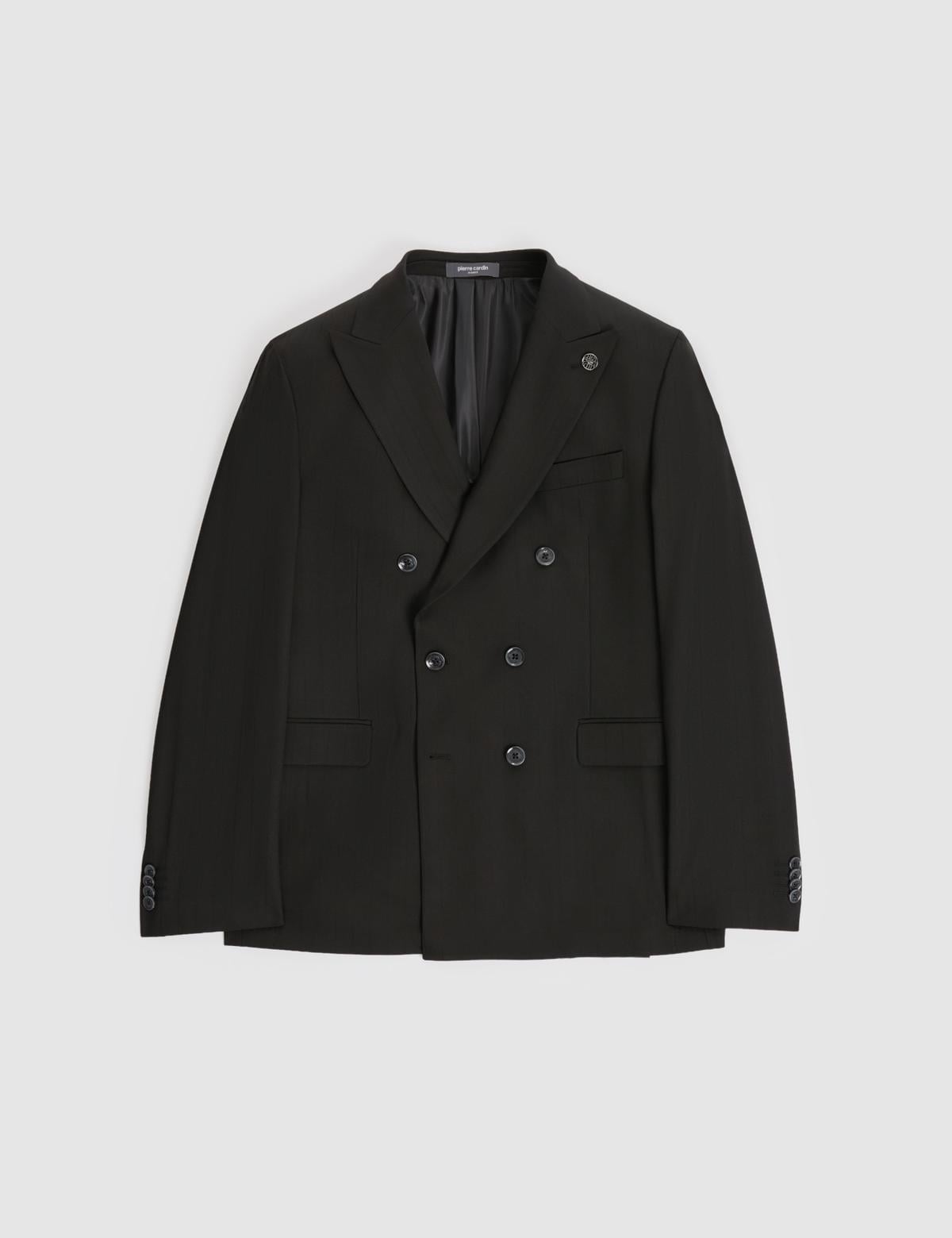 Siyah Ex. Slim Fit Çizgili Kruvaze Takım Elbise - 50325157017