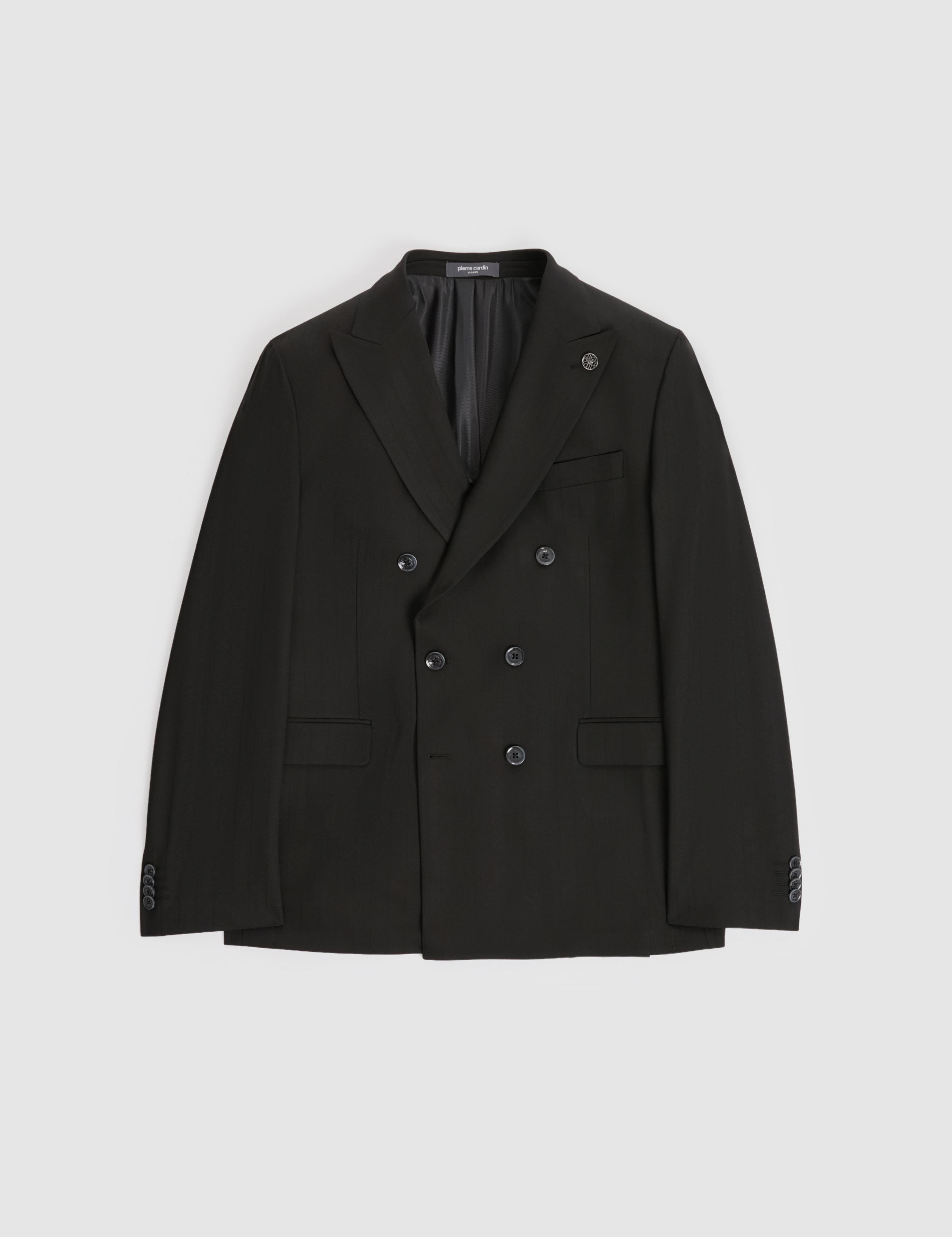 Siyah Ex. Slim Fit Çizgili Kruvaze Takım Elbise