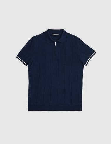 Lacivert Slim Fit %100 Pamuk Fermuarlı Polo Yaka Triko Tişört