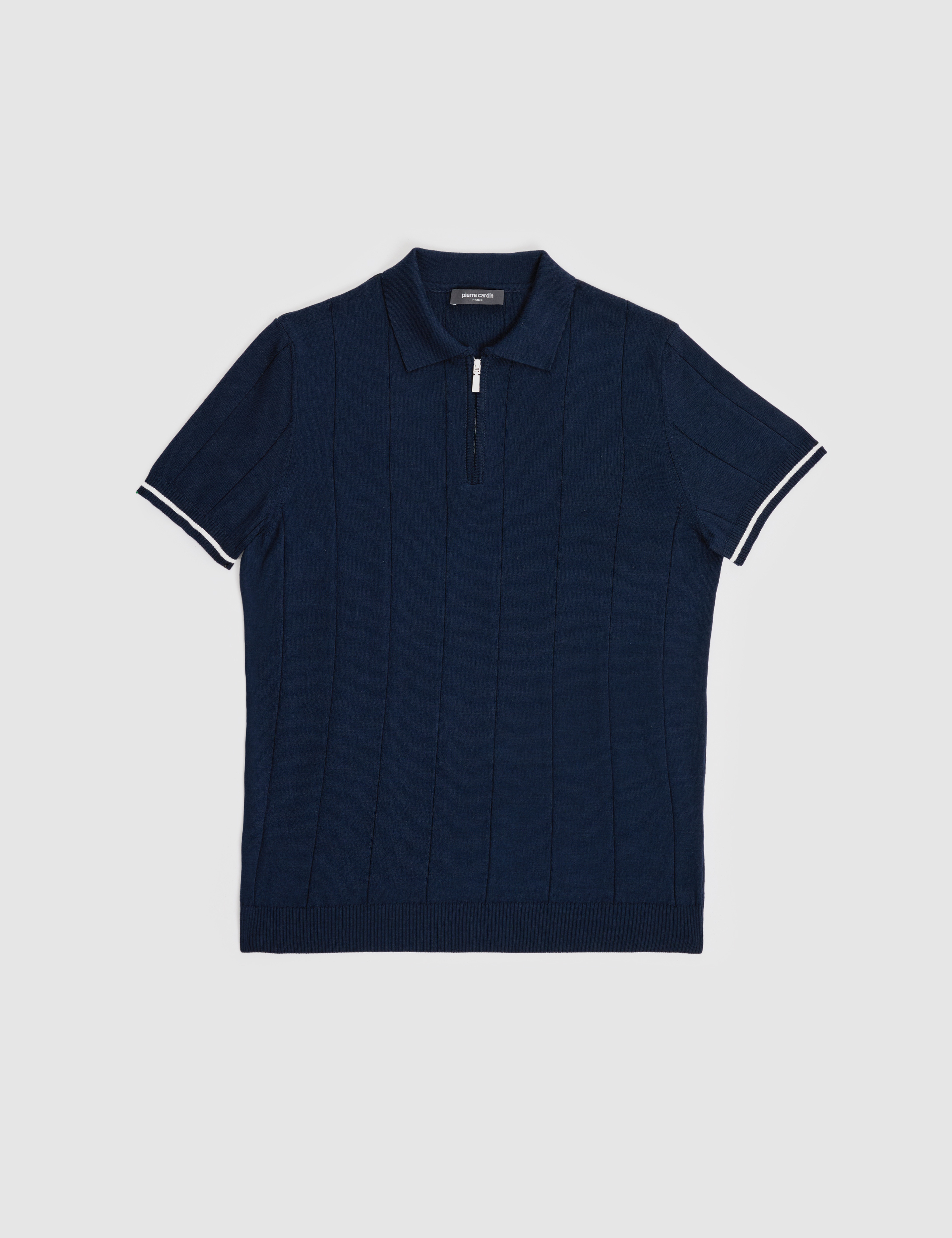 Lacivert Slim Fit %100 Pamuk Fermuarlı Polo Yaka Triko Tişört