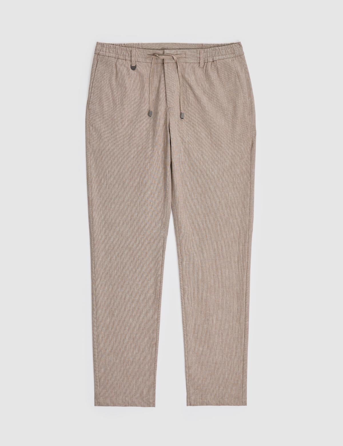 Açık Kahverengi Ex. Slim Fit Beli Kordonlu Pamuk Keten Karışımlı Pantolon - 50324275006