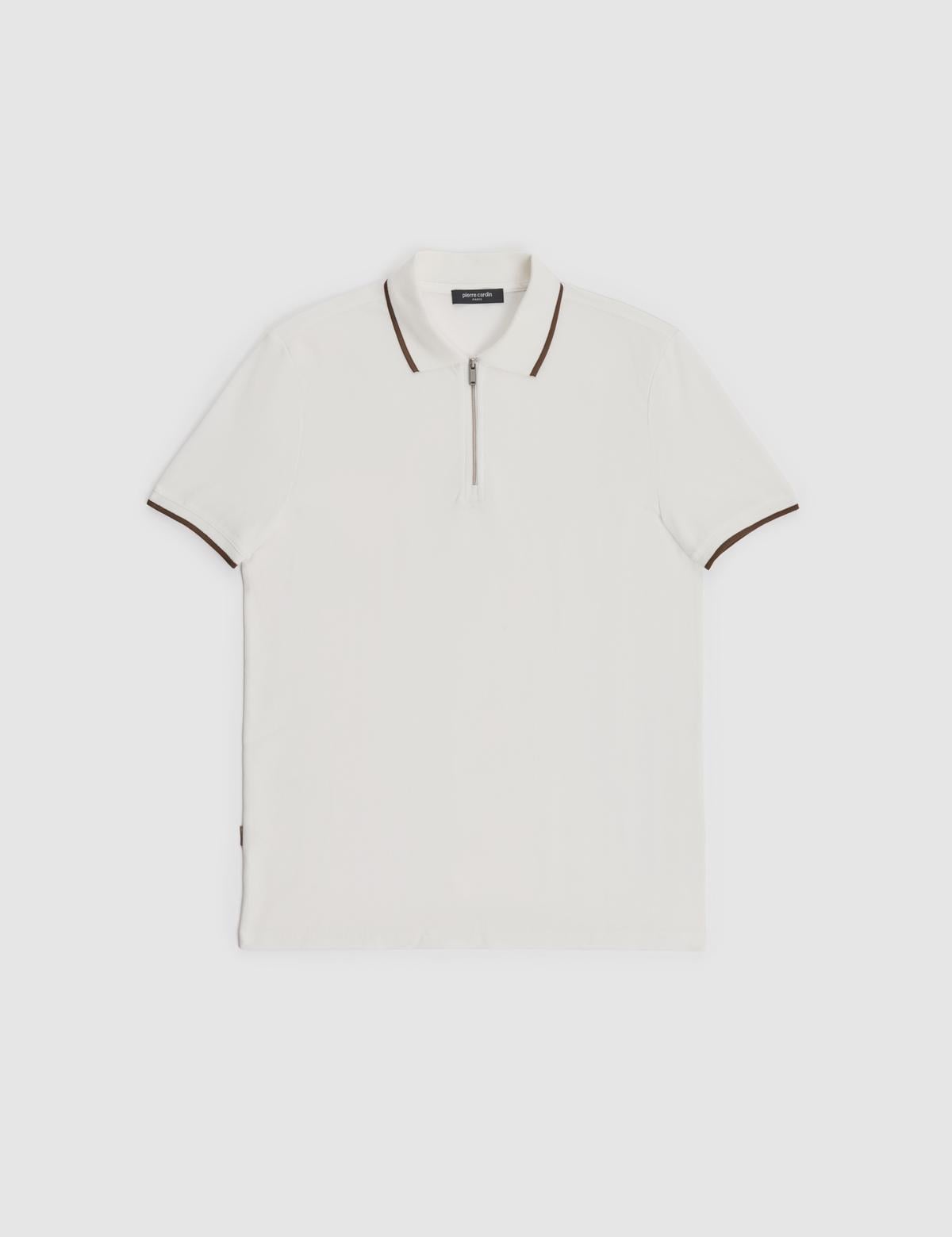 Ekru Slim Fit %100 Pamuk Fermuarlı Polo Yaka Tişört - 50327873003