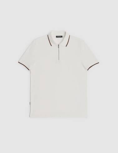 Ekru Slim Fit %100 Pamuk Fermuarlı Polo Yaka Tişört