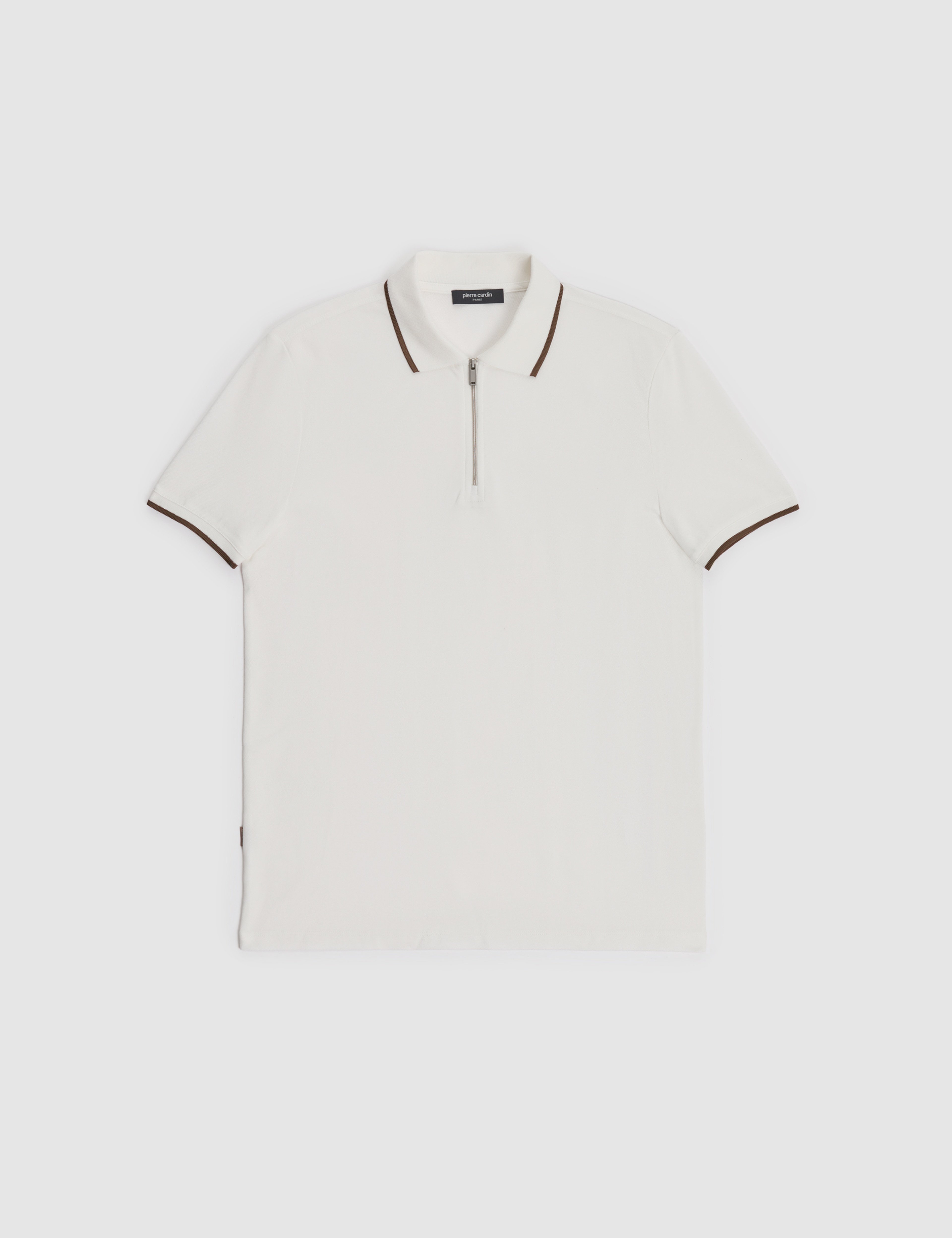 Ekru Slim Fit %100 Pamuk Fermuarlı Polo Yaka Tişört