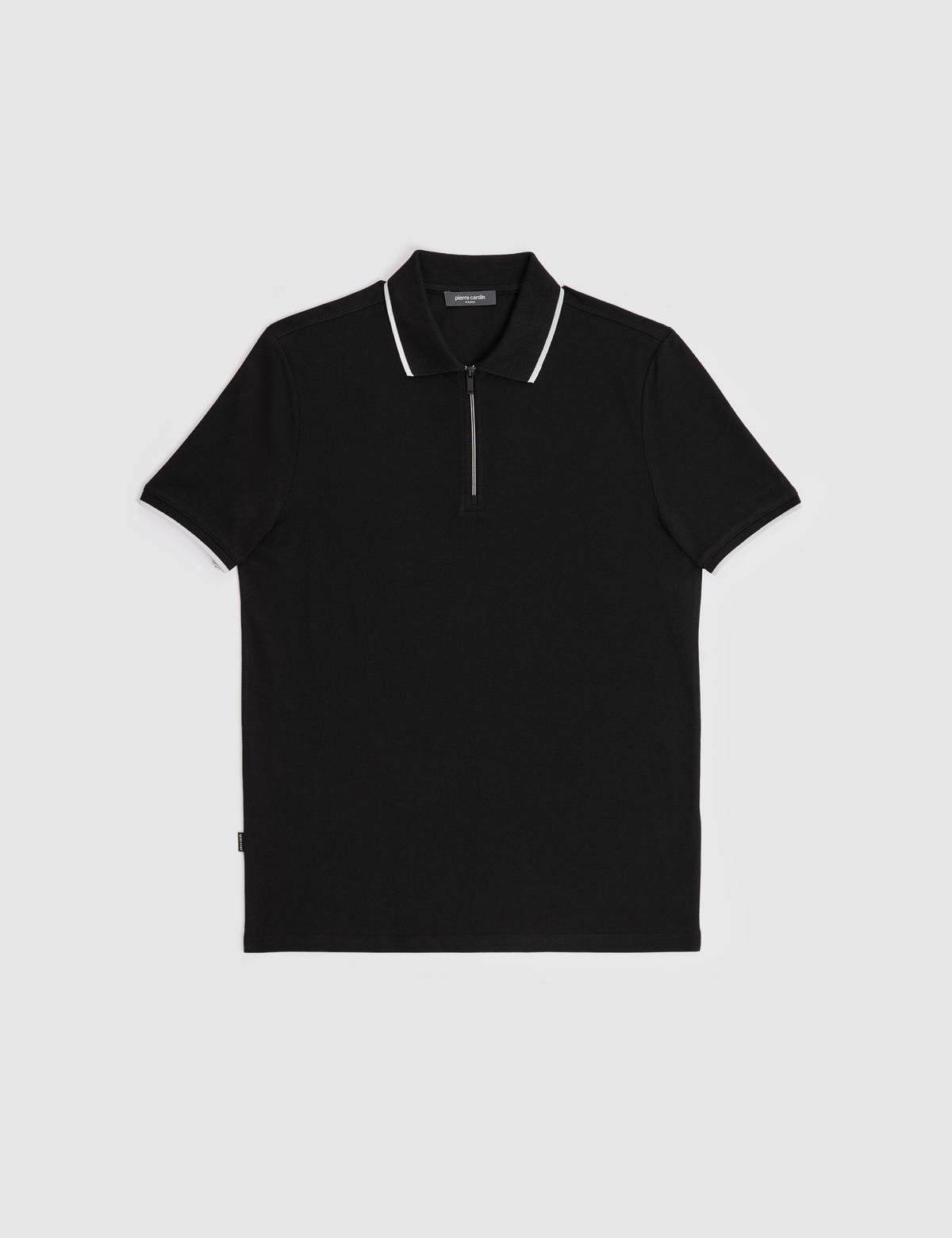 Siyah Slim Fit %100 Pamuk Fermuarlı Polo Yaka Tişört - 50327873034