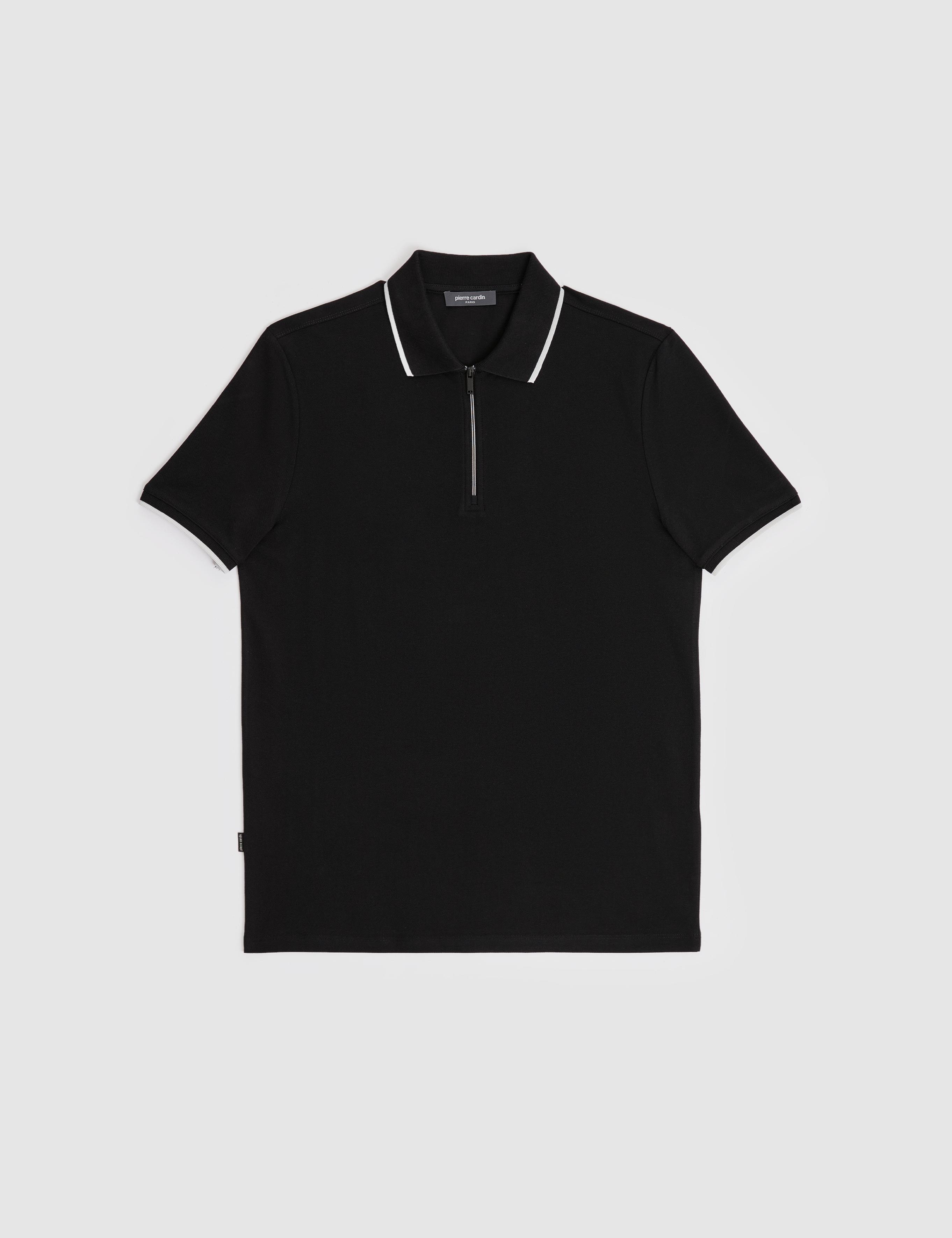 Siyah Slim Fit %100 Pamuk Fermuarlı Polo Yaka Tişört