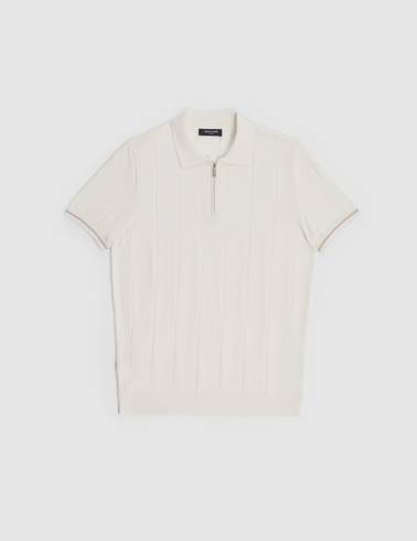Ekru Slim Fit %100 Pamuk Fermuarlı Polo Yaka Triko Tişört