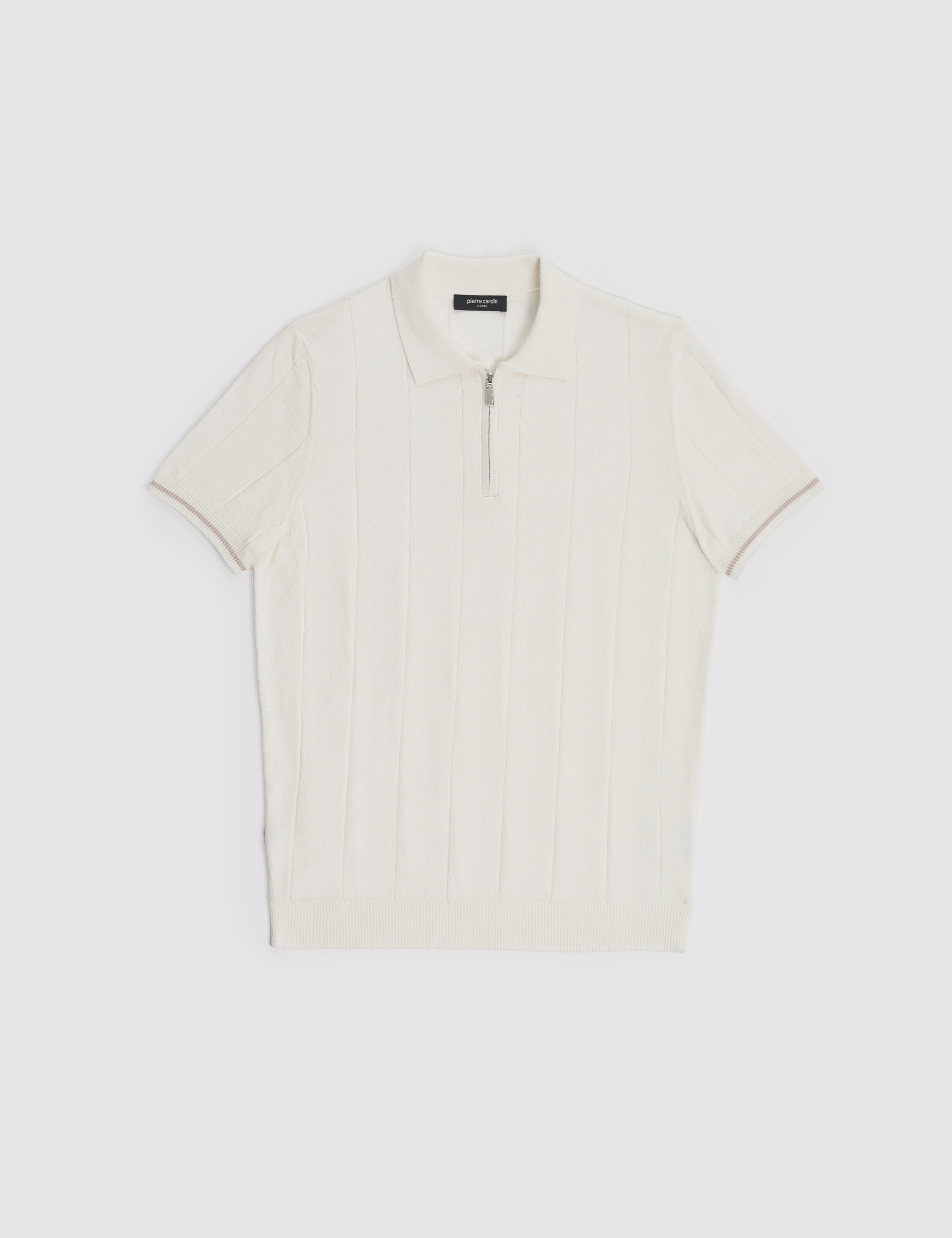 Ekru Slim Fit %100 Pamuk Fermuarlı Polo Yaka Triko Tişört - Image 7