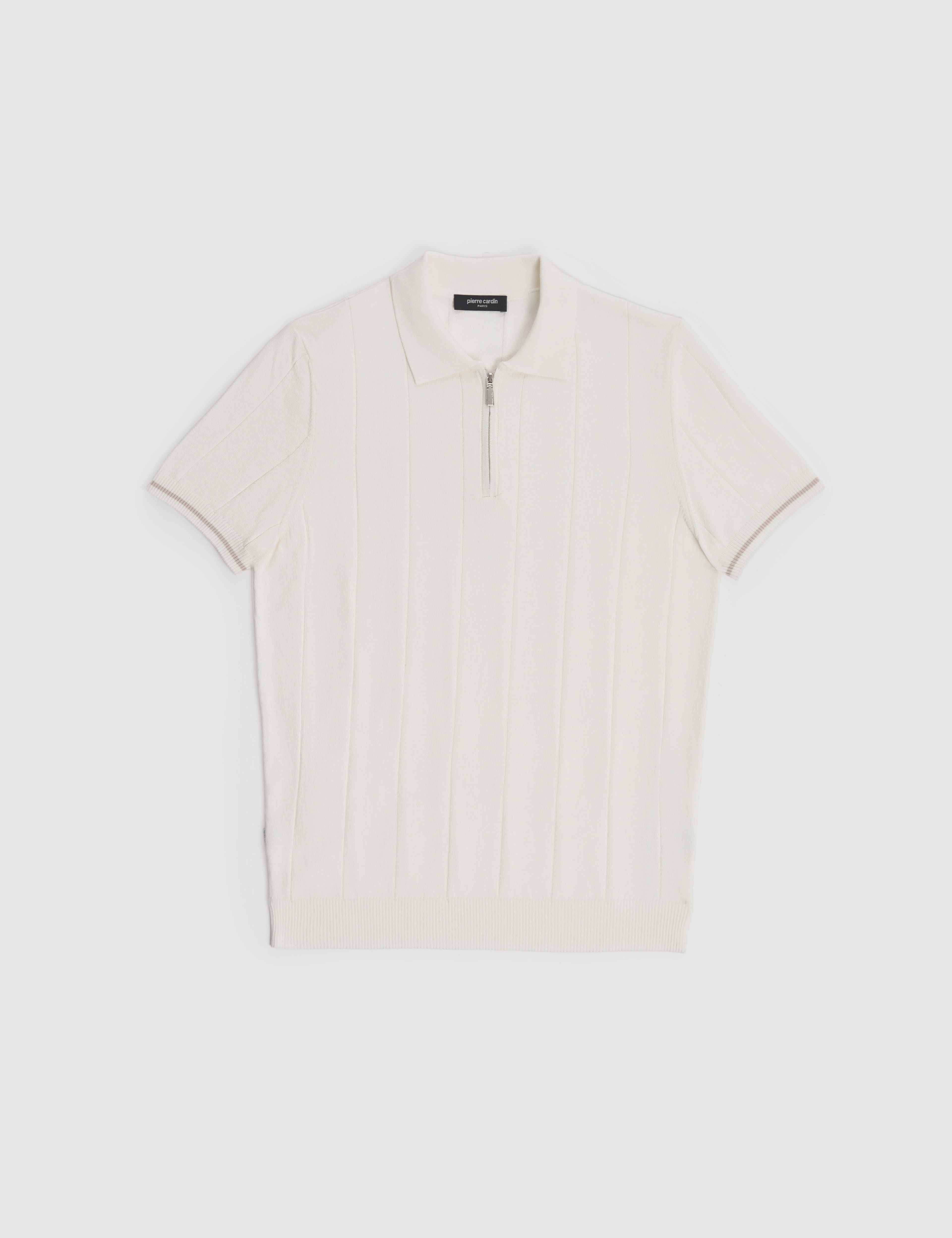 Ekru Slim Fit %100 Pamuk Fermuarlı Polo Yaka Triko Tişört