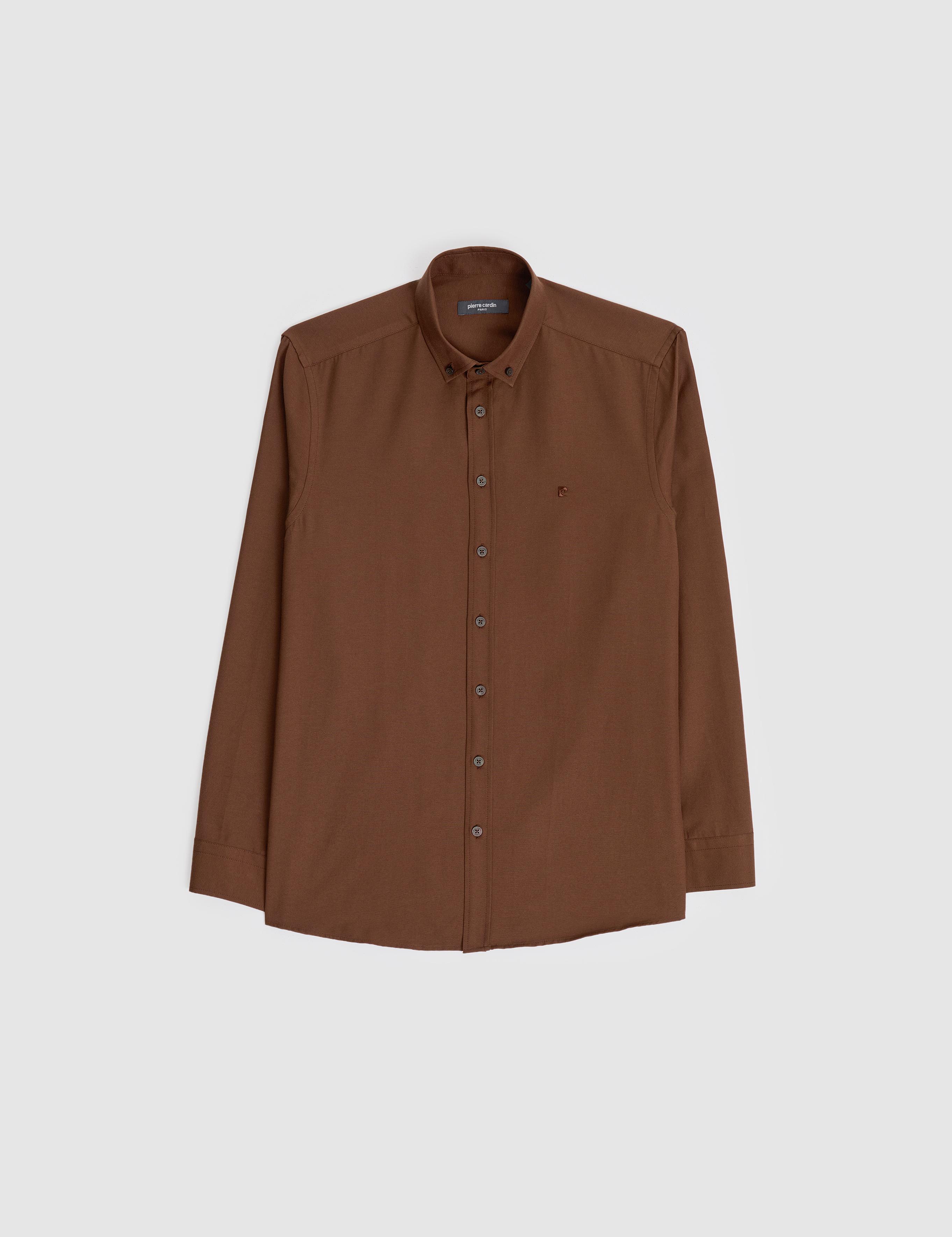 Koyu Kahverengi Oxford Slim Fit Kolay Ütülenebilir Gömlek